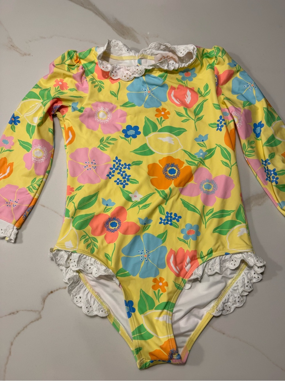 TBBC Girls size 6 Floral Yellow One-Piece Swimsuit with Lace Trim